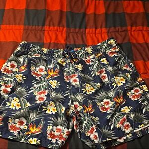 Blue Wave Men's XL Floral Hawaiian Swim Trunks Blue Drawstring Lined Pockets
